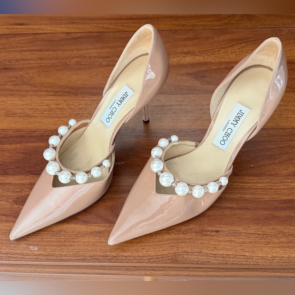 Jimmy Choo Aurelie 85 embellished patent-leather point-toe pumps